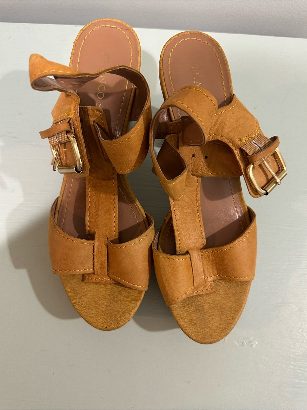 Franco Sarto Cognac Suede T-Strap Sandals with Gold Buckles